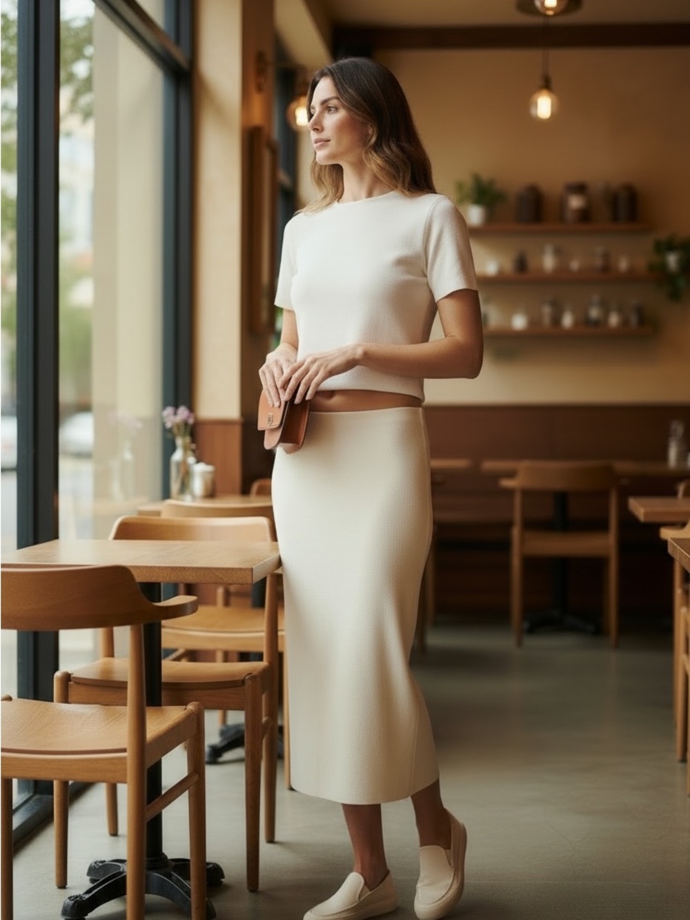 Forever 21 Cream Ribbed Midi Skirt